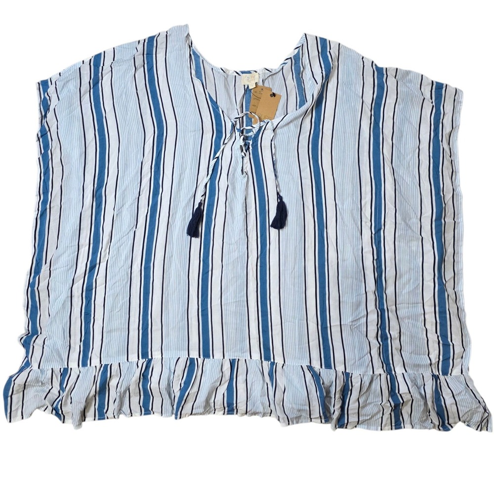 Surf Gypsy Cover Up Blue Striped Tassel Lace Up Ruffle Hem Top Blue Size L NWT